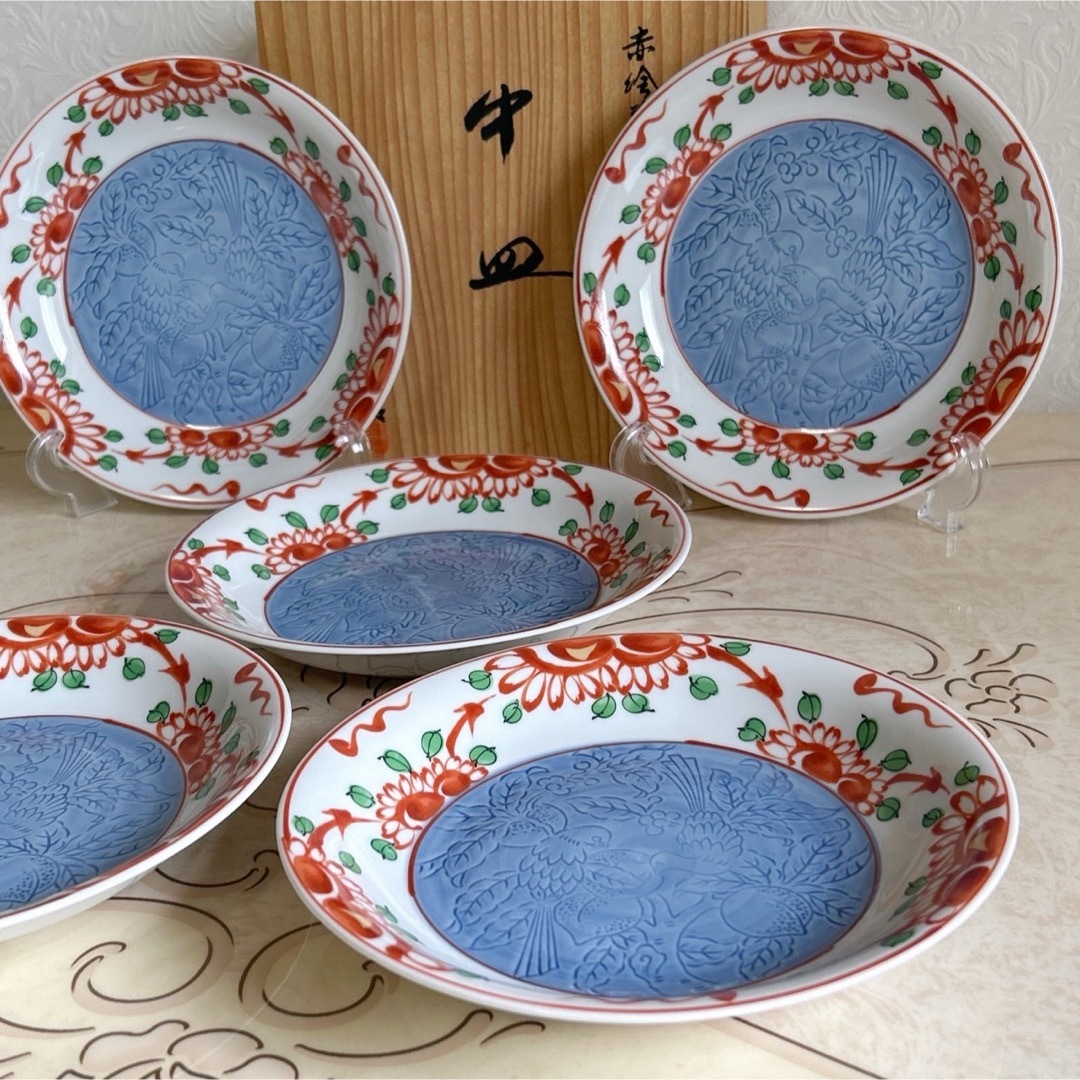 たち吉 - たち吉 赤絵 染付花鳥彫 中皿揃 5枚セット 和皿 和食器 橘吉