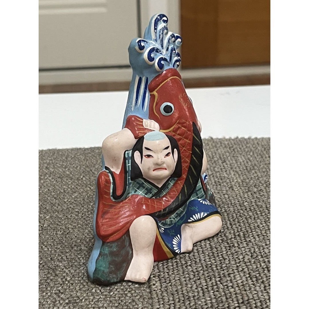 堤人形 鯉の滝登り 佐藤吉夫 飾り台付 仙台 つかみ人形 在銘 土人形