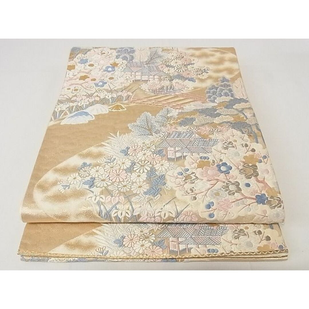 平和屋着物◎六通柄袋帯 唐織 渡橋風景花文 金銀糸 正絹 逸品