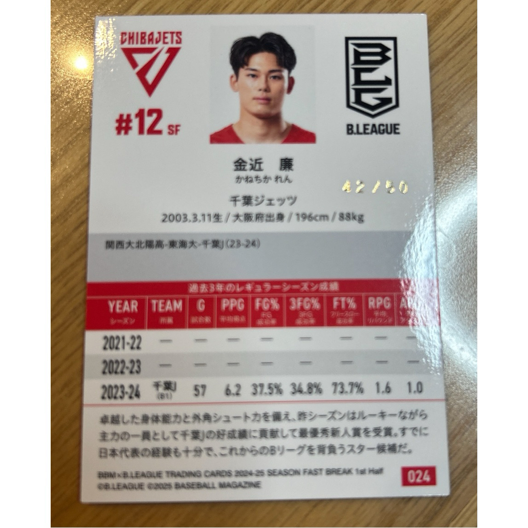 Bリーグ 千葉ジェッツの金近廉箔押しサイン 42/50 の通販 by スペード