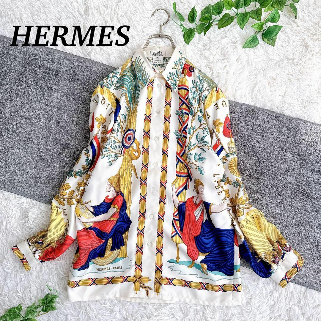 HERMES - オールド エルメス 長袖シャツ ブラウス スカーフ柄 ロゴ入り