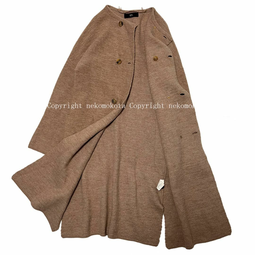 45R - 45R ウール アルパカ 縮絨 ノーカラー ニット コート ブラウン