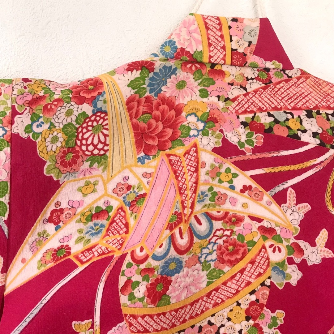 正絹 アンティーク着物 女の子 七五三 ◇檜扇 折鶴 まり 古典柄
