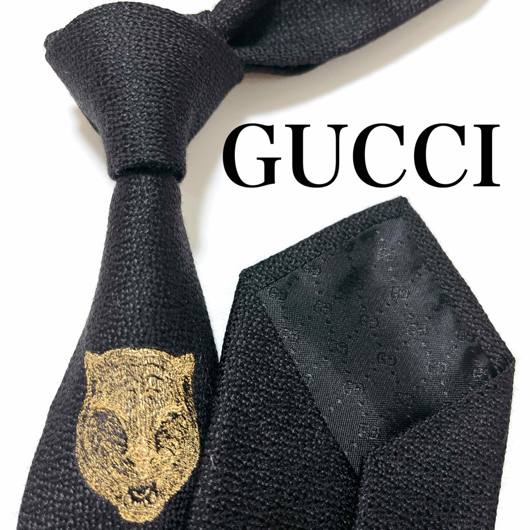 美品 グッチ ネクタイ ハイブランド ソリッドタイ 無地 虎 希少 光沢 黒色