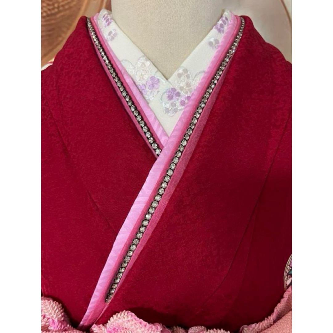 正絹共仕立て長襦袢付き 吉祥花文振袖 赤 花柄振袖 レース帯 ガード