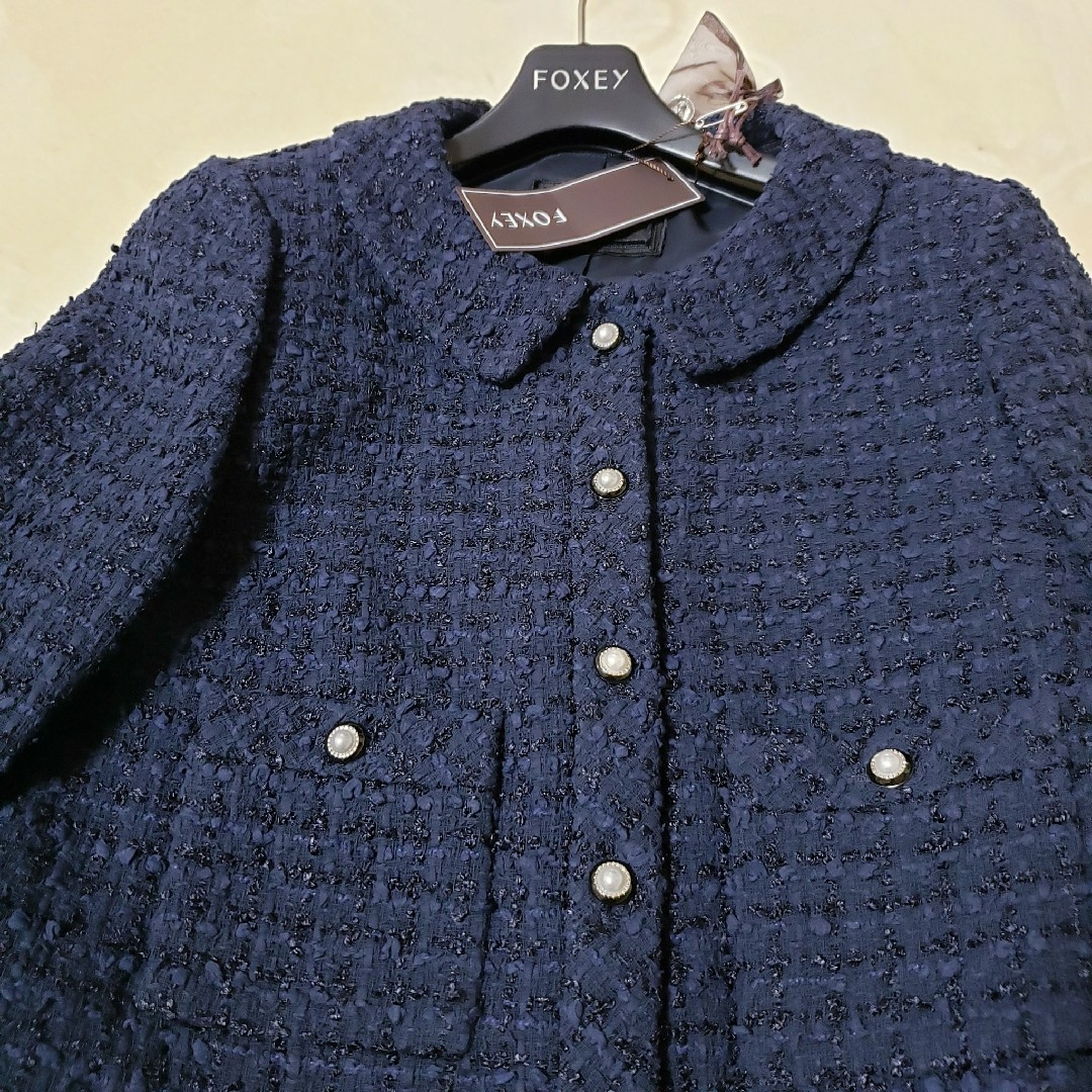 FOXEY BOUTIQUE - FOXEY ノーカラージャケット ネイビー 新品 丸襟