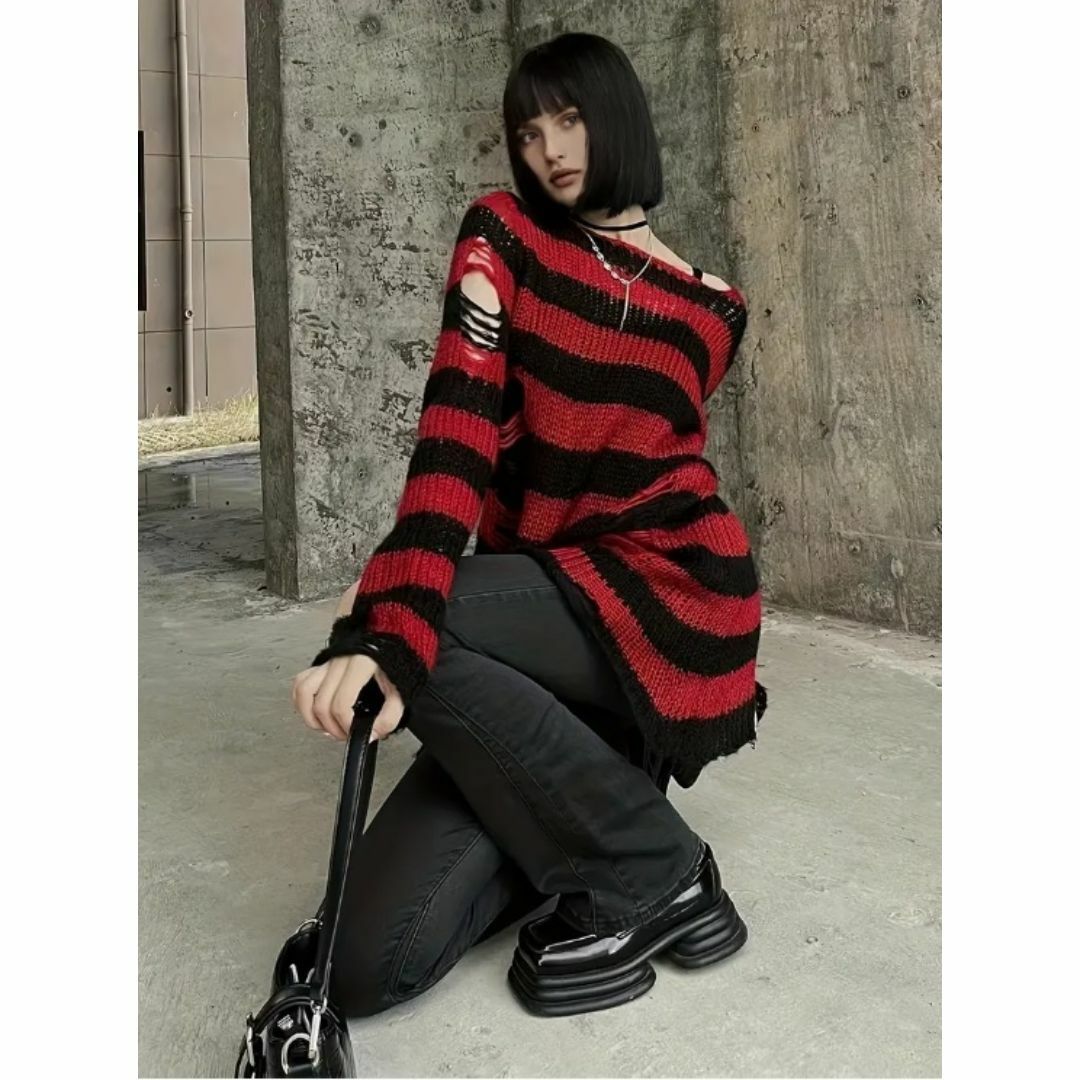 入荷待ち！グランジ パンク ダメージボーダー薄手ニット y2k