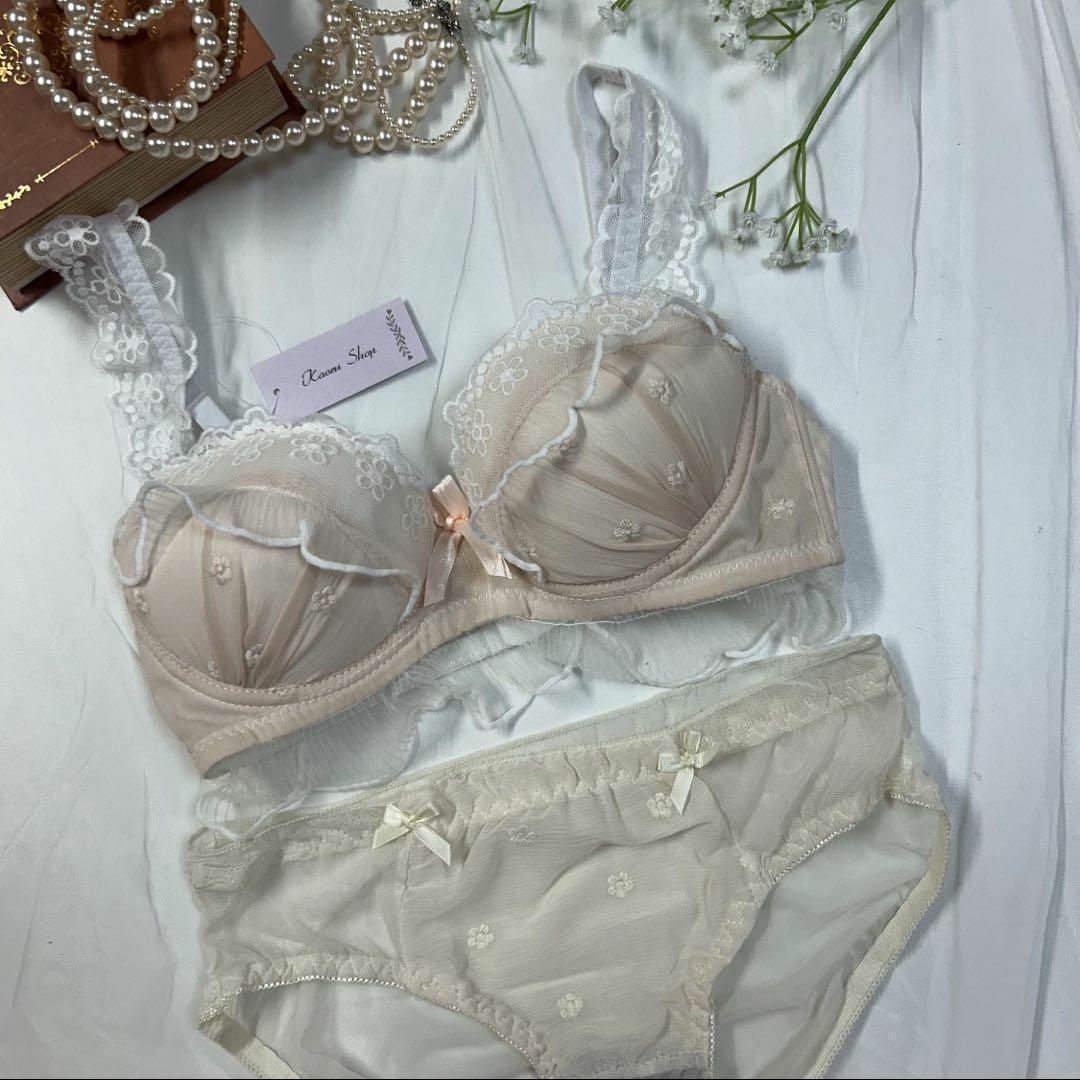 大人気】下着 可愛い レース XL ピンクベージュ ノンワイヤーブラ