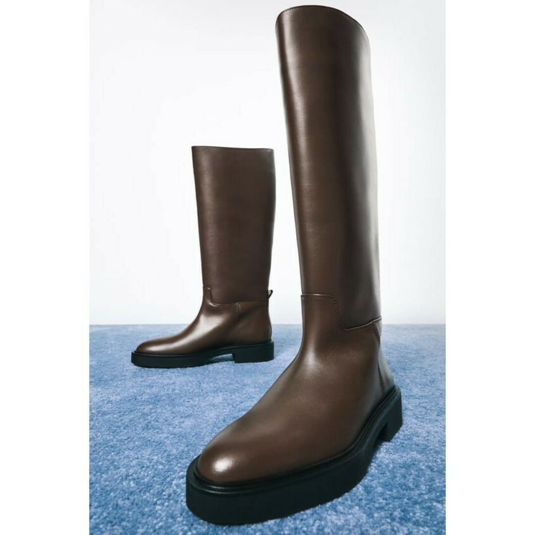ZARA - ZARA レザーフラットブーツ 37サイズ ブラウンの通販 by