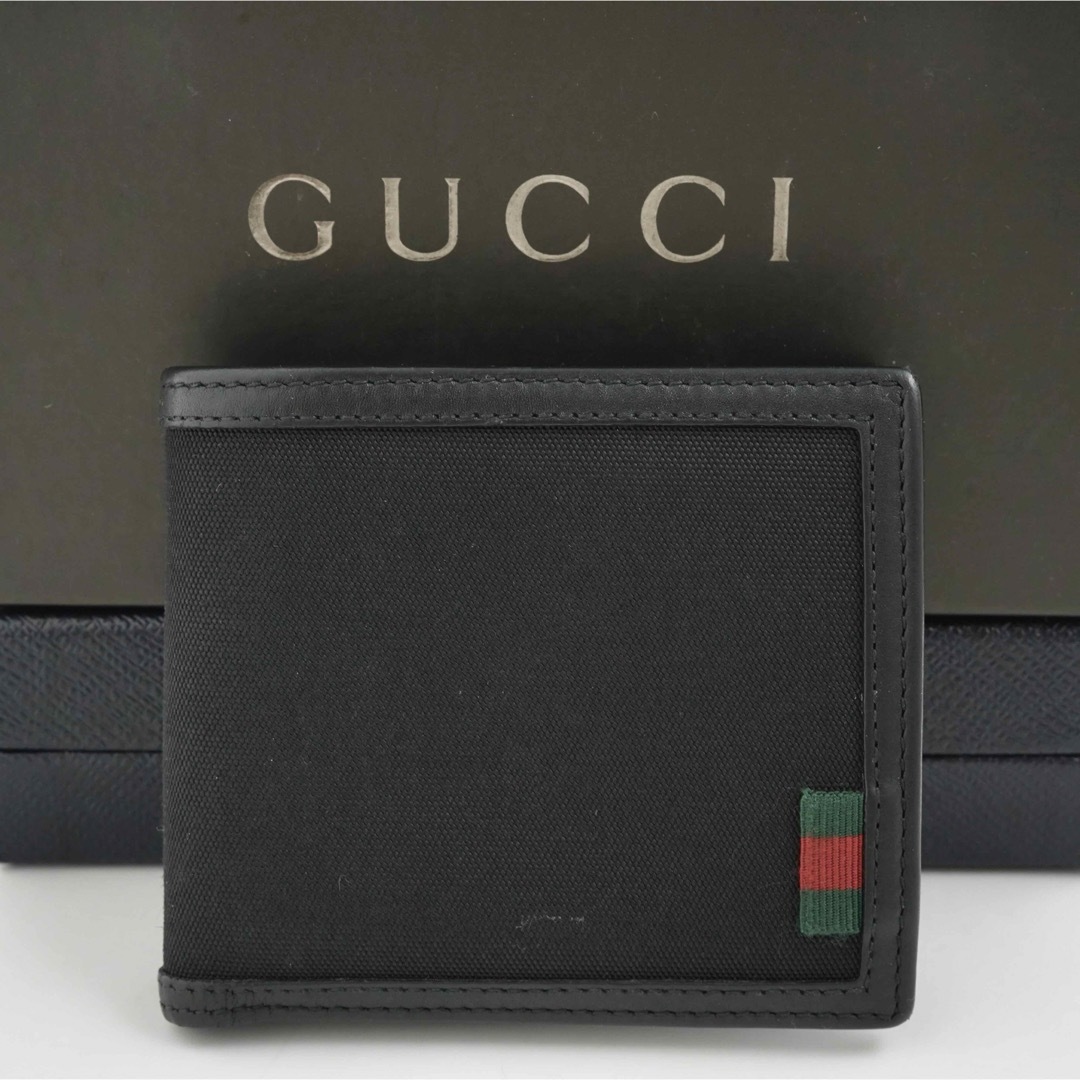 Gucci 二つ折り財布 黒 レザー トリコロールストライプシェリーライン