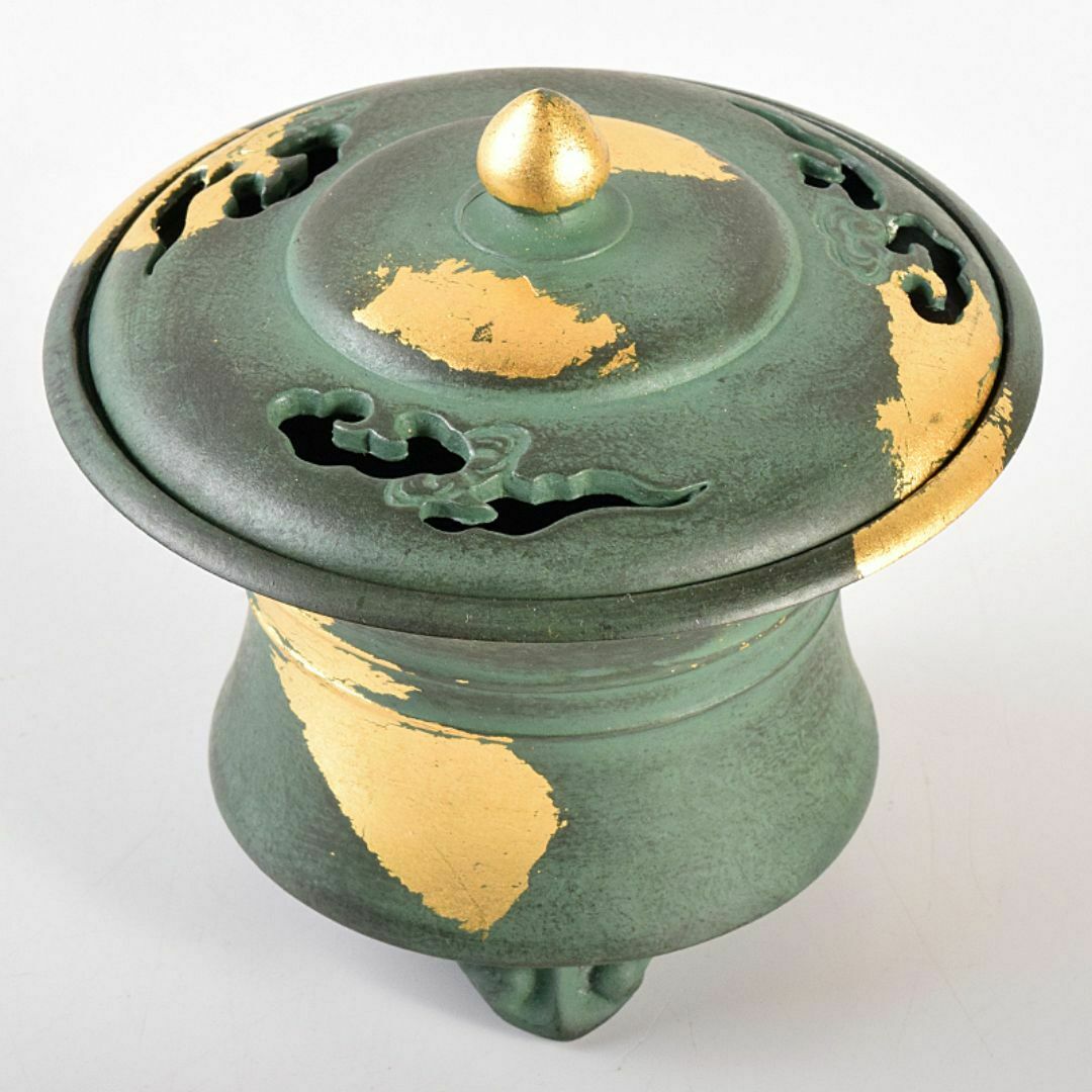 平安 秦蔵六造 塗金銅香炉 「瑞雲」 共箱 D R7792 平安 秦蔵