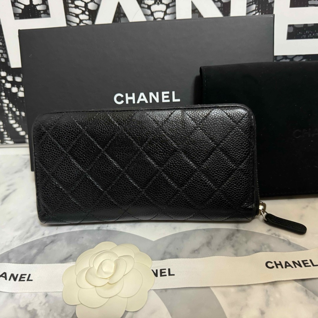 CHANEL - CHANEL 長財布 マトラッセ キャビアスキン 黒 ラウンド