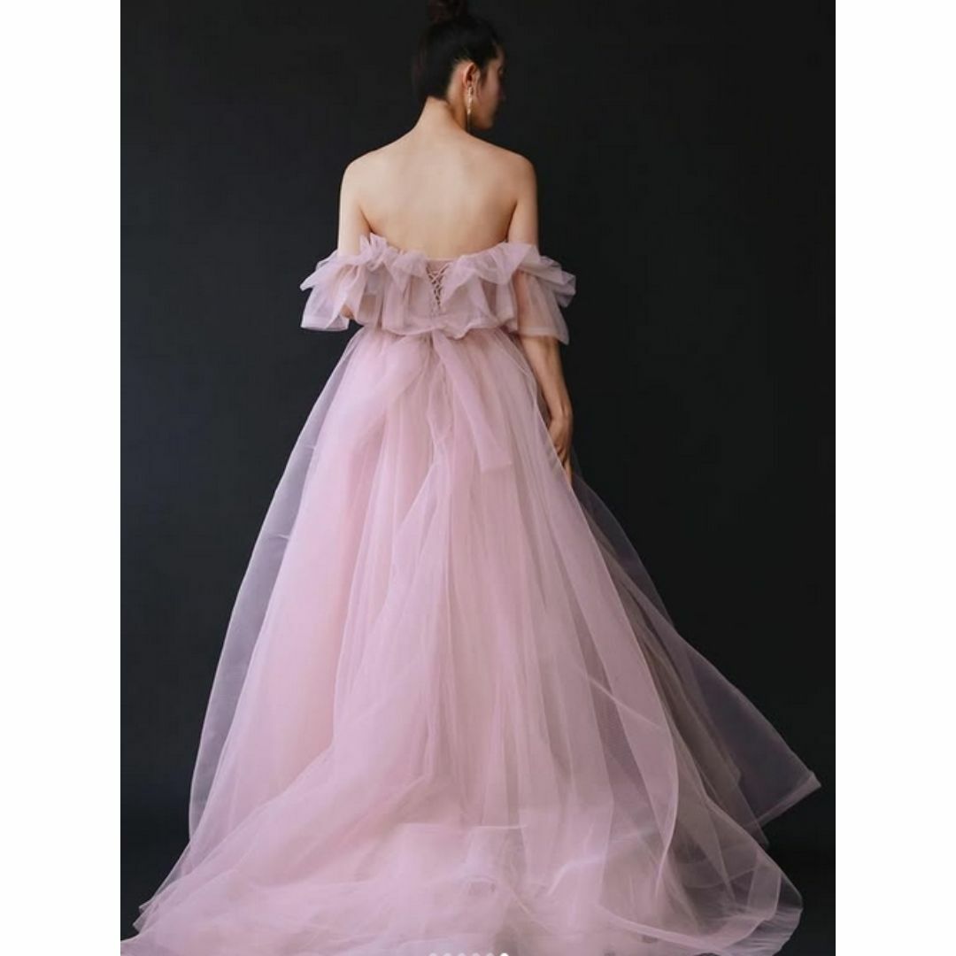 カラードレス ピンク ソフトチュール オフショルダー 胸元フリル 花嫁