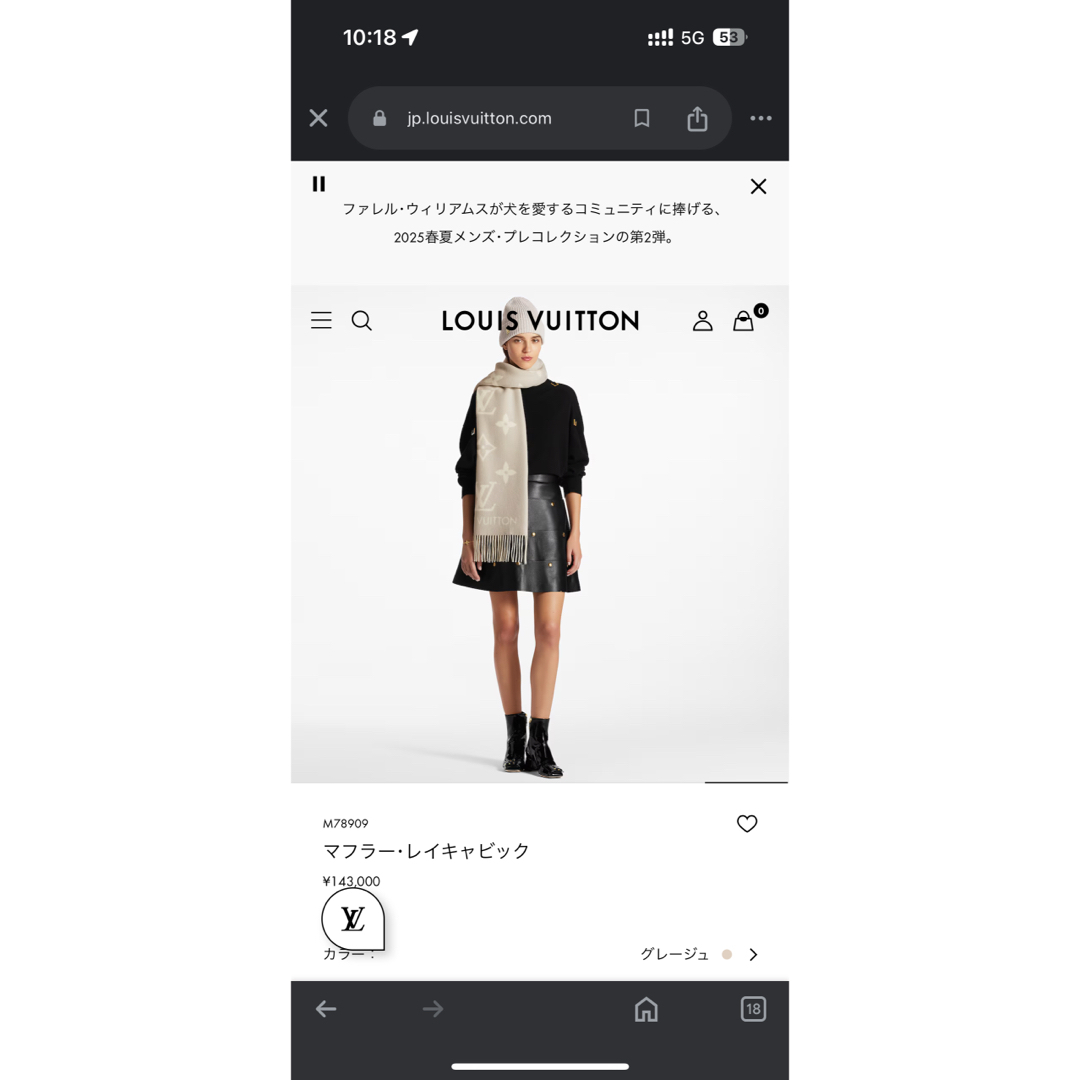 LOUIS VUITTON - ルイヴィトン レイキャビック マフラー グレージュの