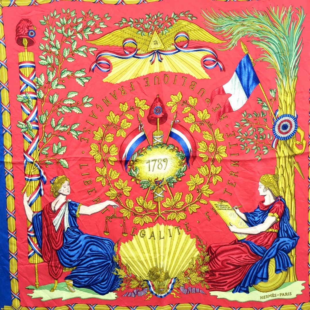 HERMES - エルメス 100% シルク スカーフ カレ90 ブルー レッド