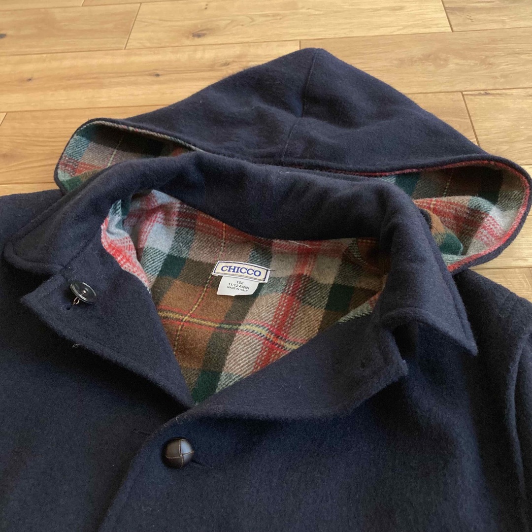 イタリア製 ビンテージ ウールメルトン 2way フーディー ロングコート 紺