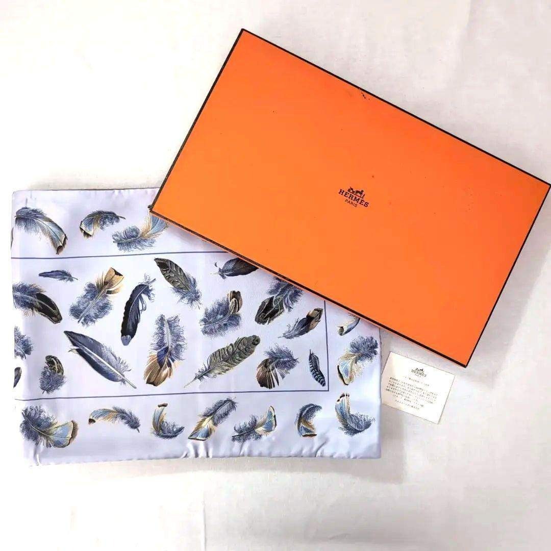 HERMES リバーシブル大判ショール シルク×アンゴラ 羽根柄 青灰 d112