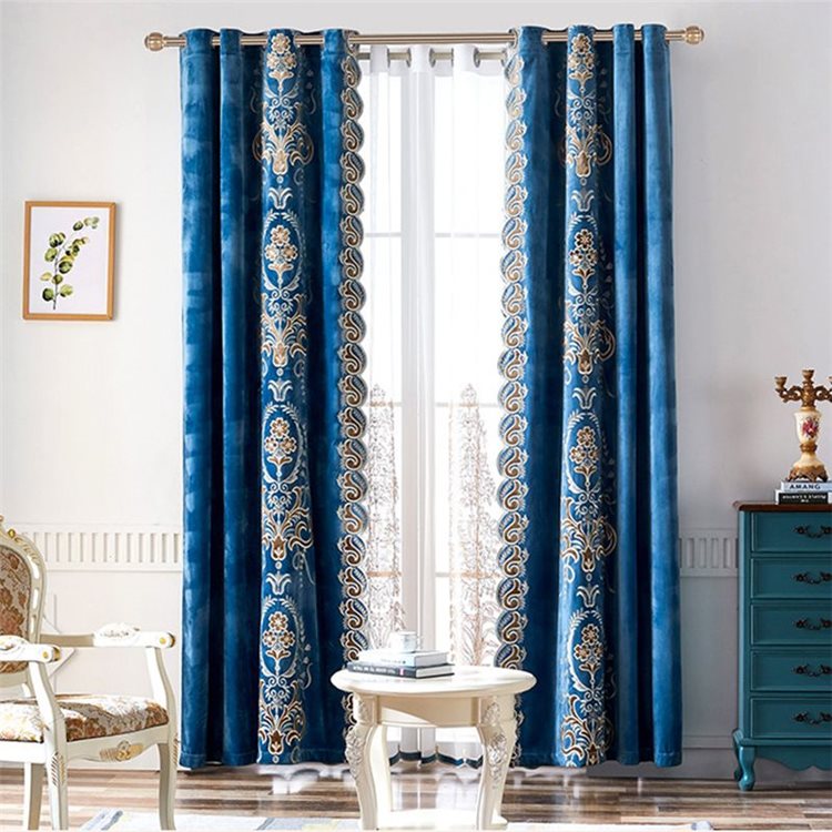 カーテン 遮光遮熱 花柄 刺繍 青色 北欧風 寝室 1枚