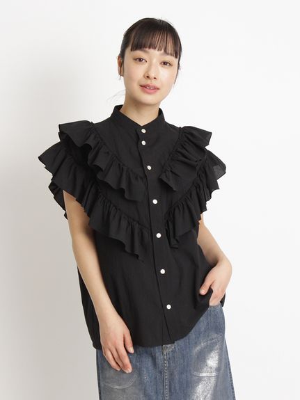 オーガニックコットンヴィンテージローンフリルシャツブラウス