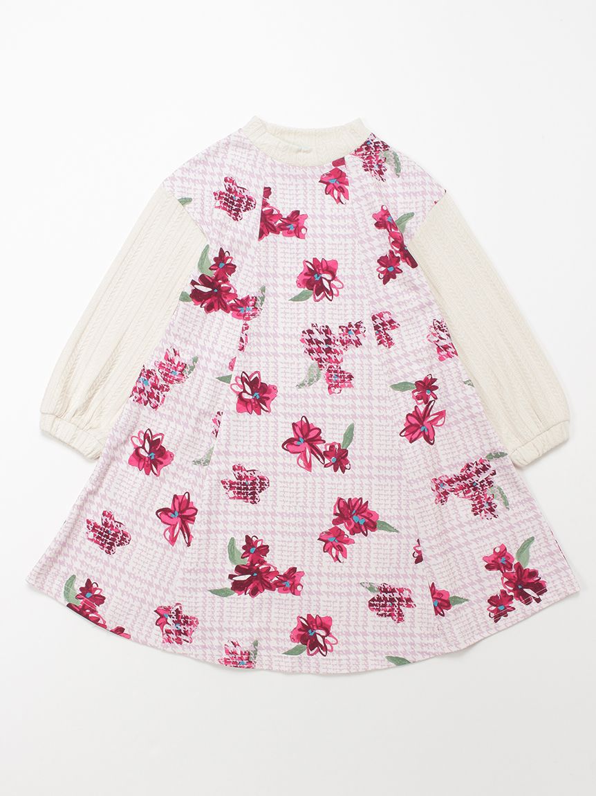 グレンチェックアートスミレプリントミニ裏毛ワンピース（カット