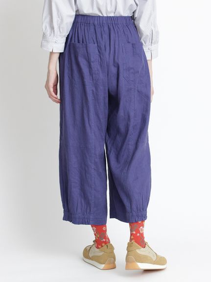 麻レーヨンスラブストレッチフラワーワンポイント刺繍コクーンパンツ