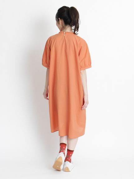 コットンローンワッシャープランプフラワー刺繍半袖ワンピース（シャツ