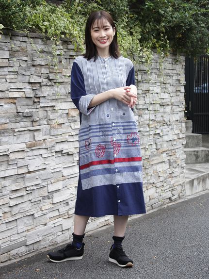 サッカーストライプアートジャカード×30/-天竺ワンピース(前開き