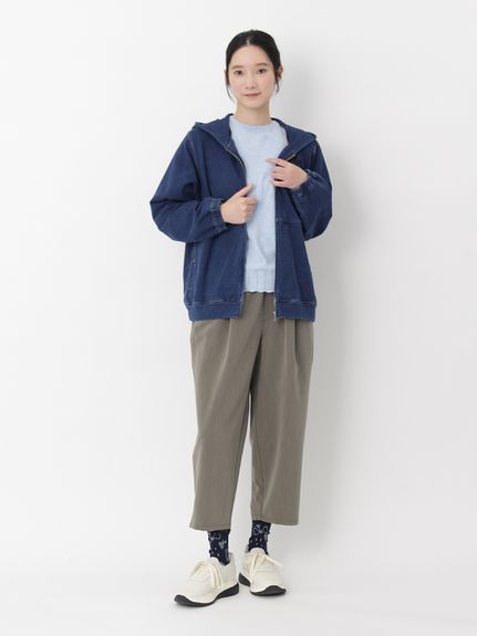 コットンストレッチインレイデニム フラワーボーラー刺繍フーディ