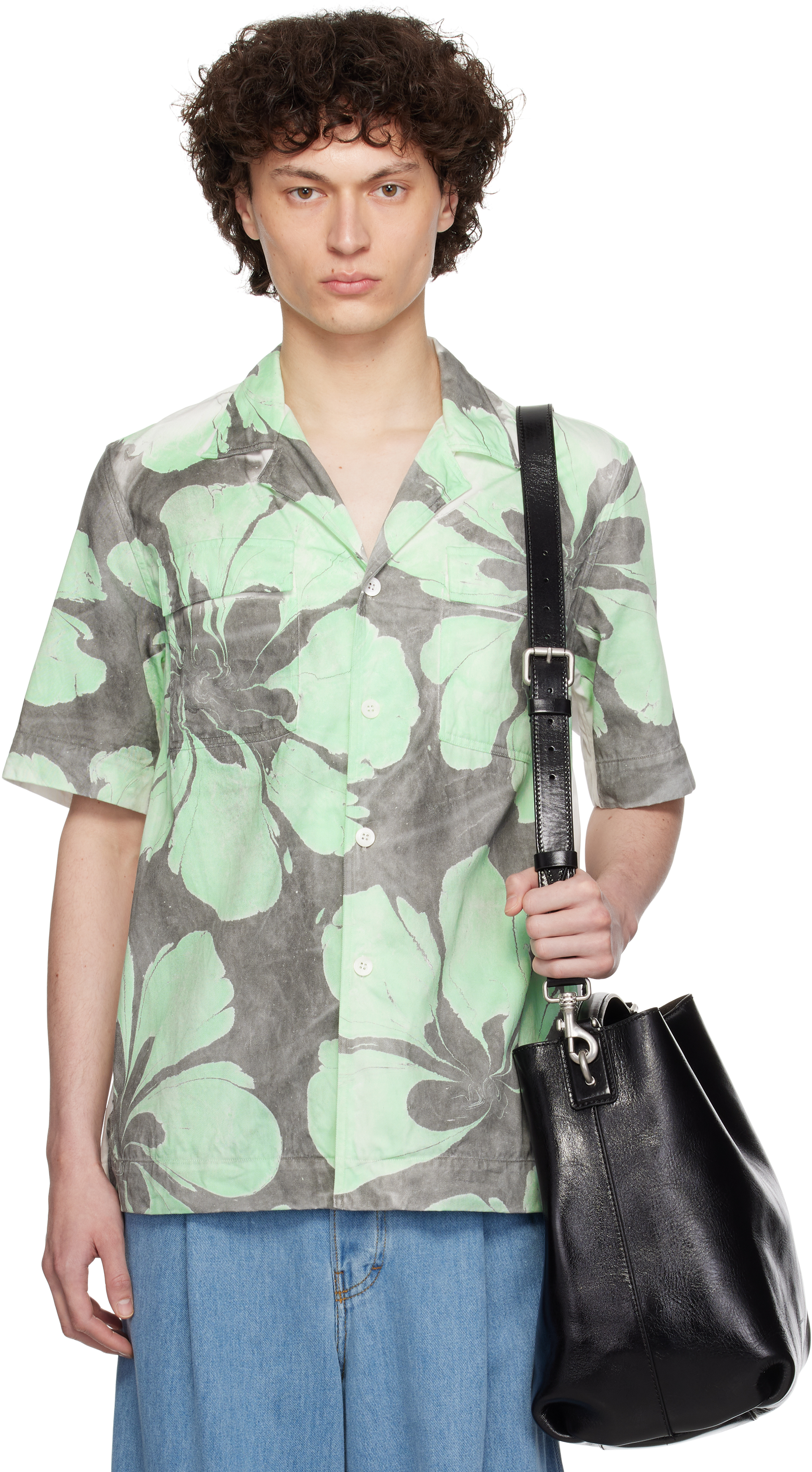 Dries Van Notenのグリーン＆ホワイト ハンドダイ フローラル シャツが