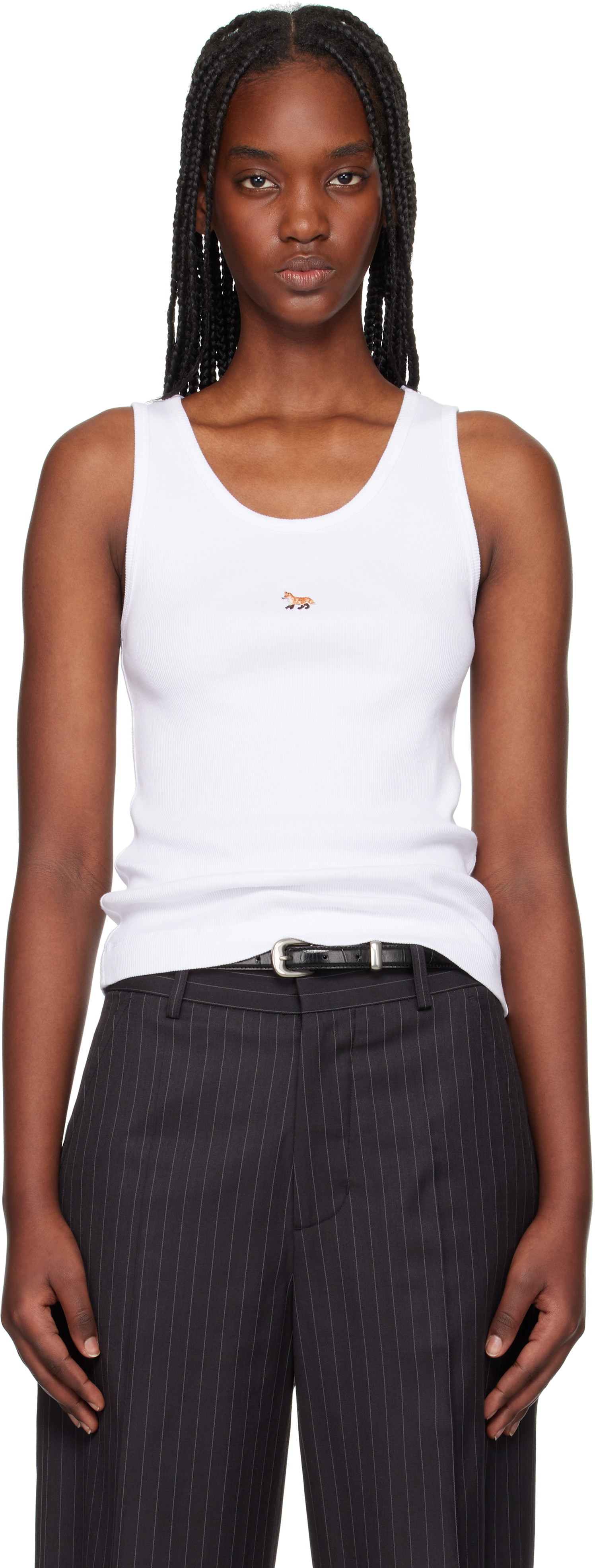 White Baby Fox Ribbed Tank Top by Maison Kitsuné on Sale