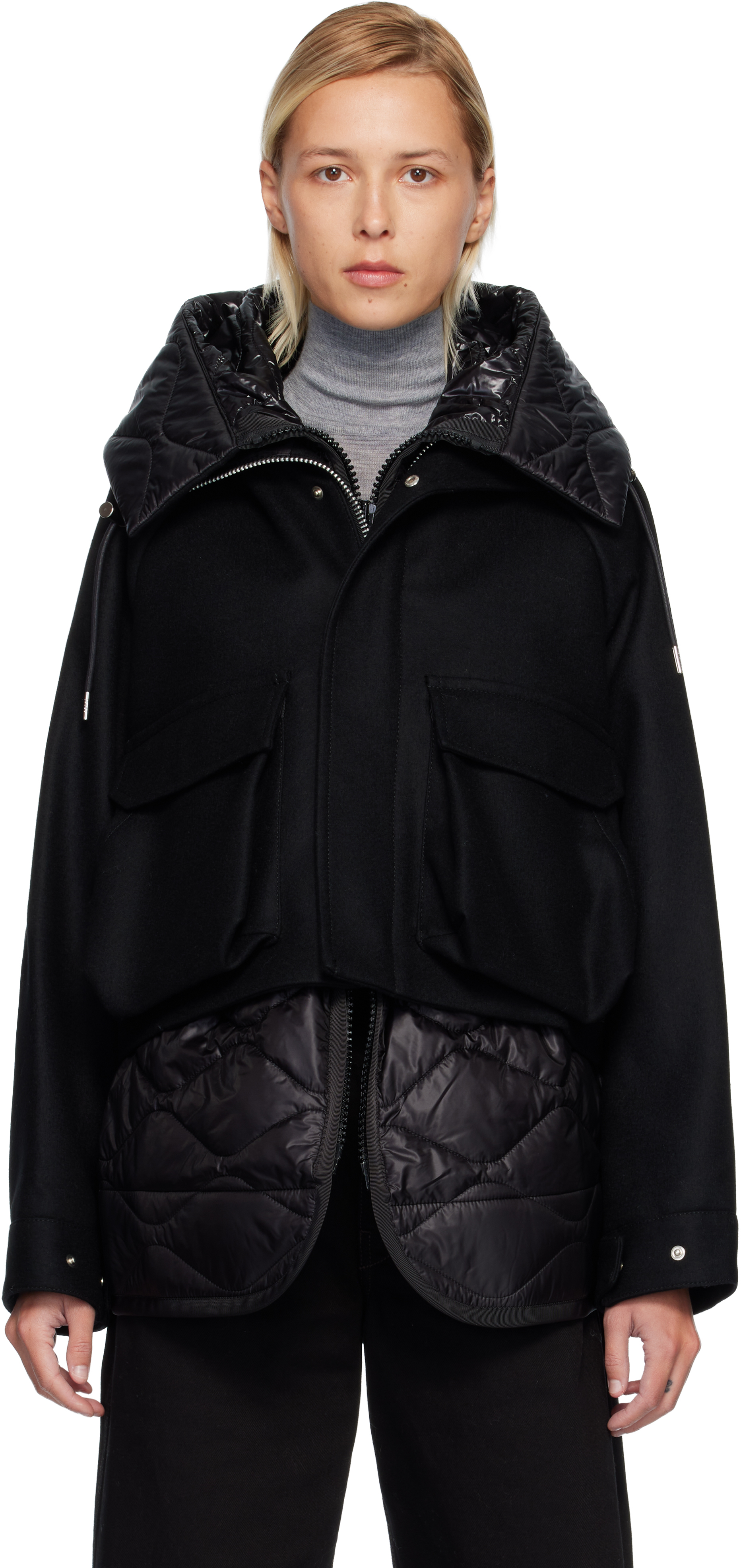 Black Wool Melton Blouson Coat by sacai on Sale