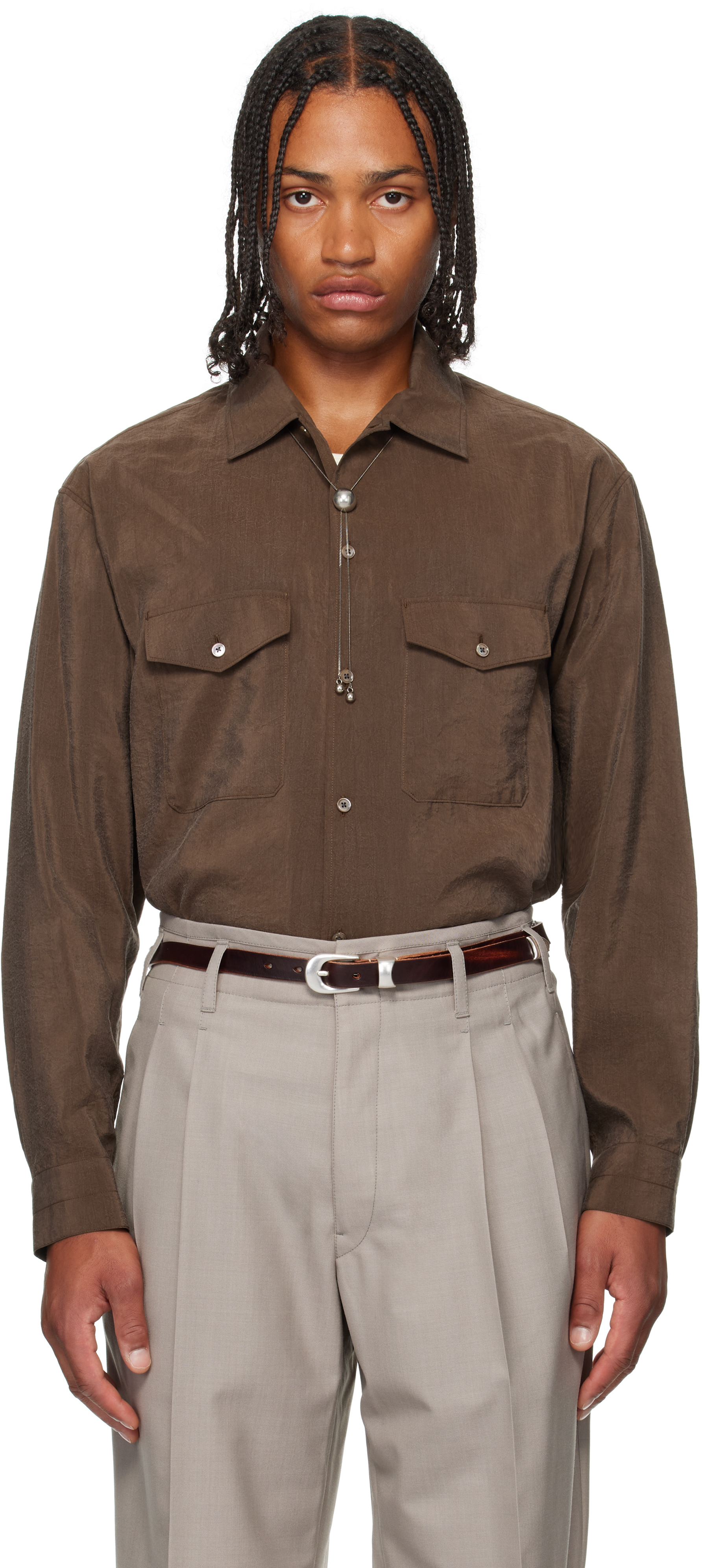 LEMAIRE: Brown Convertible Collar Shirt | SSENSE
