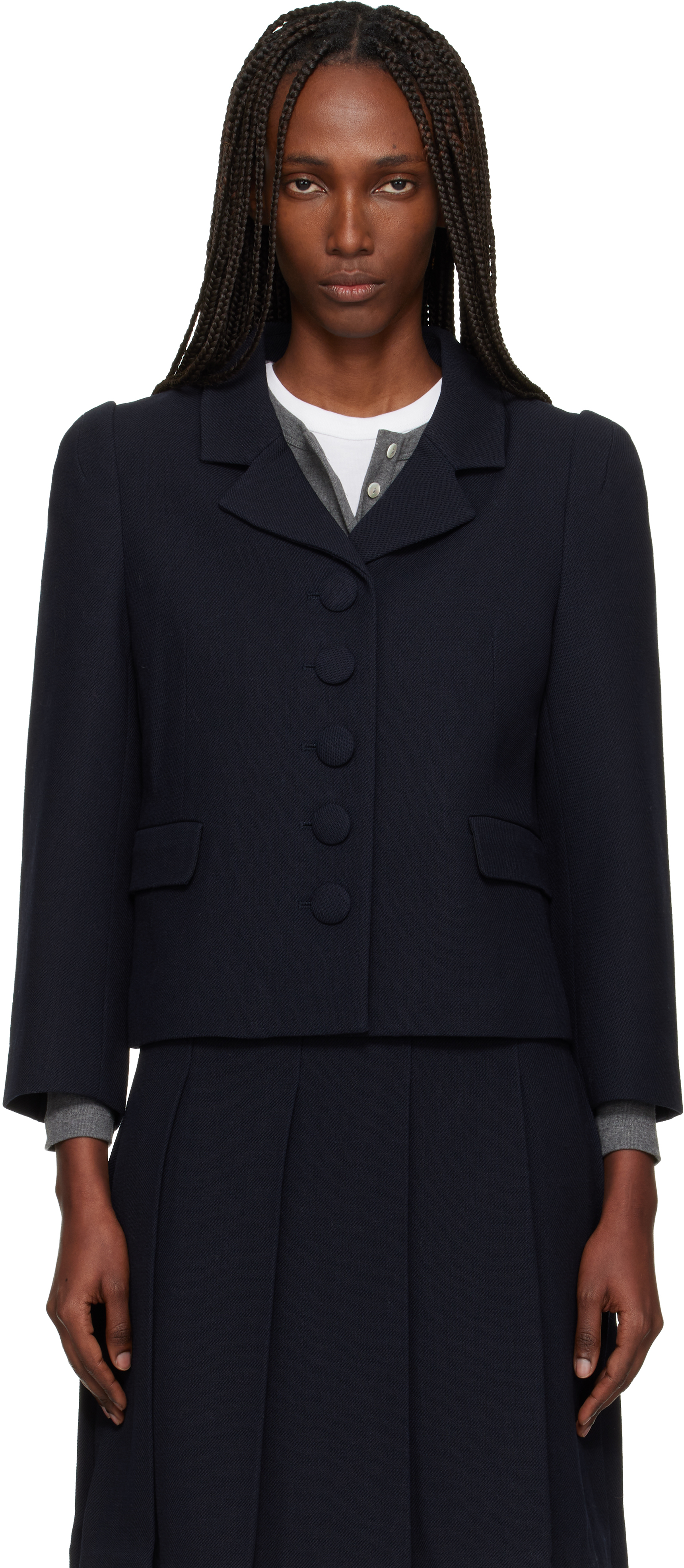 Navy Lapel Short Blazer by SHUSHU/TONG on Sale