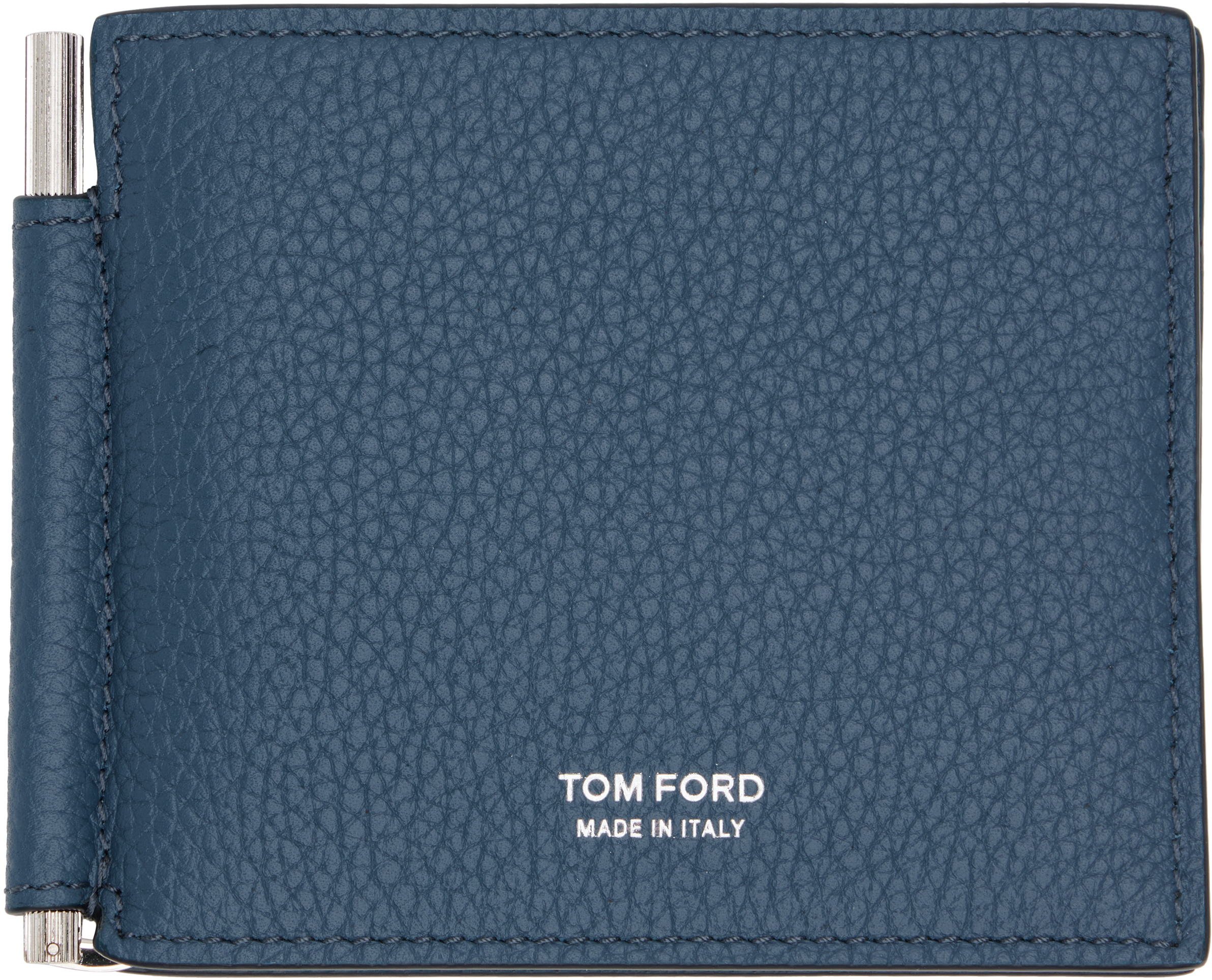 TOM FORD: Blue Grain Leather Money Clip Wallet | SSENSE