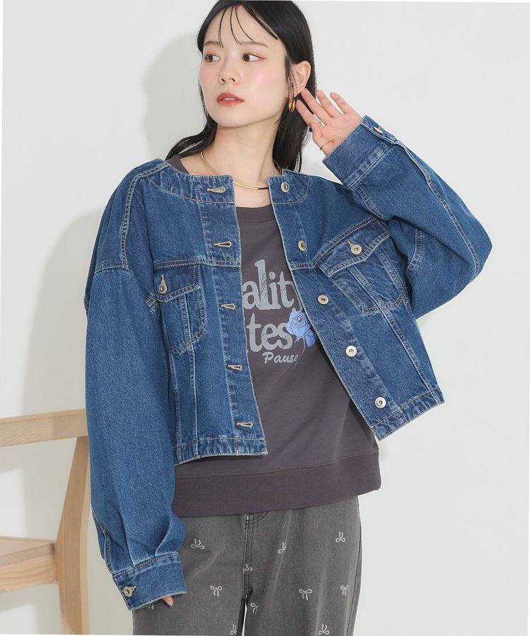 ノーカラーデニムジャケット/earth music&ecology（アース