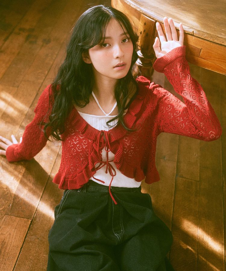 透かし編みフロントリボンフリルカーディガン/earth music&ecology