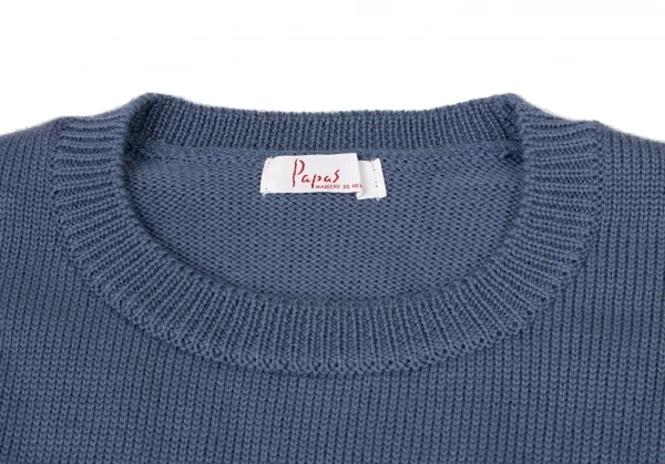 パパスPapas ロゴ織りクルーネックニットセーター 青L位 (K-136664)