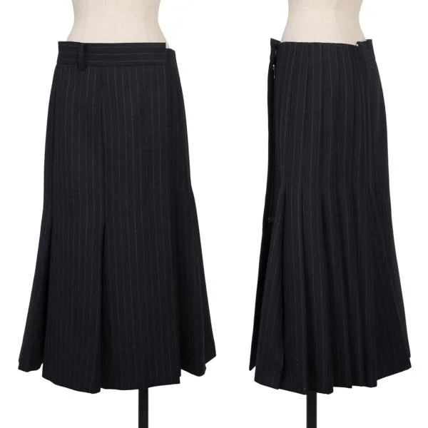 サカイsacai ウールチョークストライプ断ち切りプリーツスカート 紺
