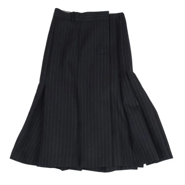 サカイsacai ウールチョークストライプ断ち切りプリーツスカート 紺