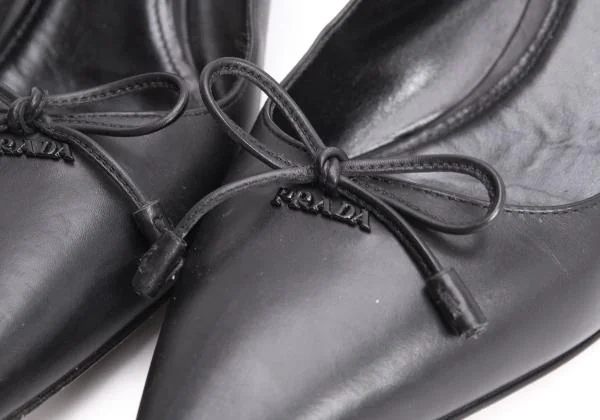 プラダPRADA リボンデザインレザーヒールパンプス 黒39(25.5位) (K-139567)