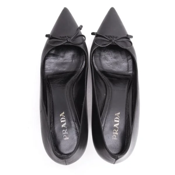プラダPRADA リボンデザインレザーヒールパンプス 黒39(25.5位) (K-139567)