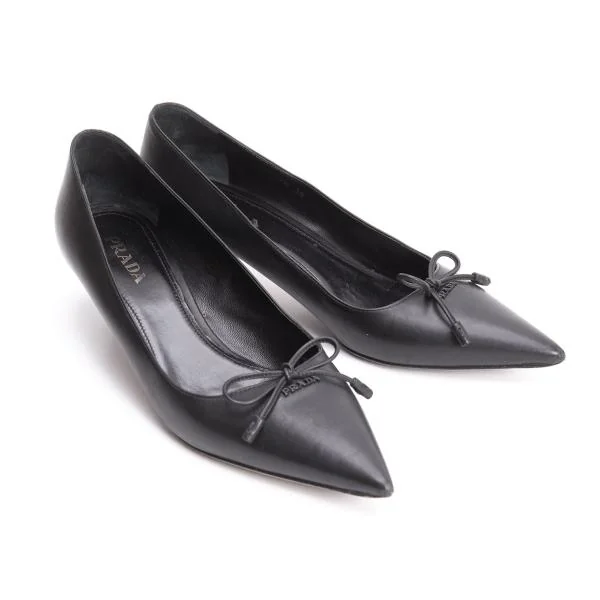 プラダPRADA リボンデザインレザーヒールパンプス 黒39(25.5位) (K-139567)