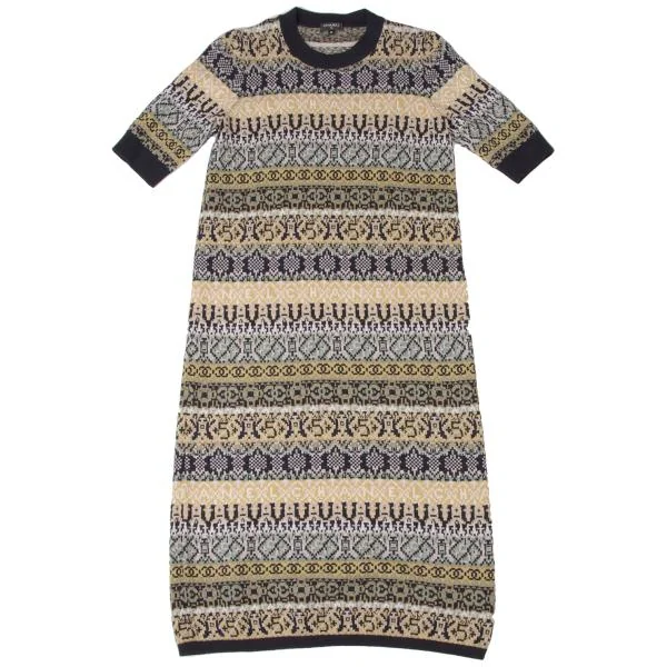 シャネルCHANEL ココマーク総柄ジャガード半袖ニットワンピース マルチ