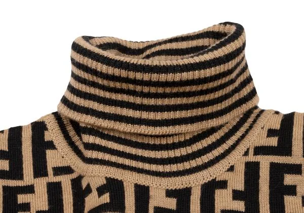 フェンディFENDI ズッカ柄切替タートルネックニット ベージュ黒44 (K