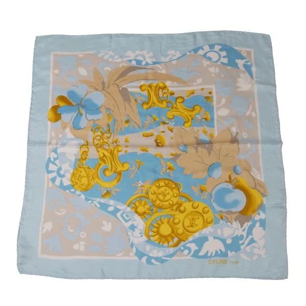 セリーヌCELINE シルクプリントスカーフ 水色 (K-140511)