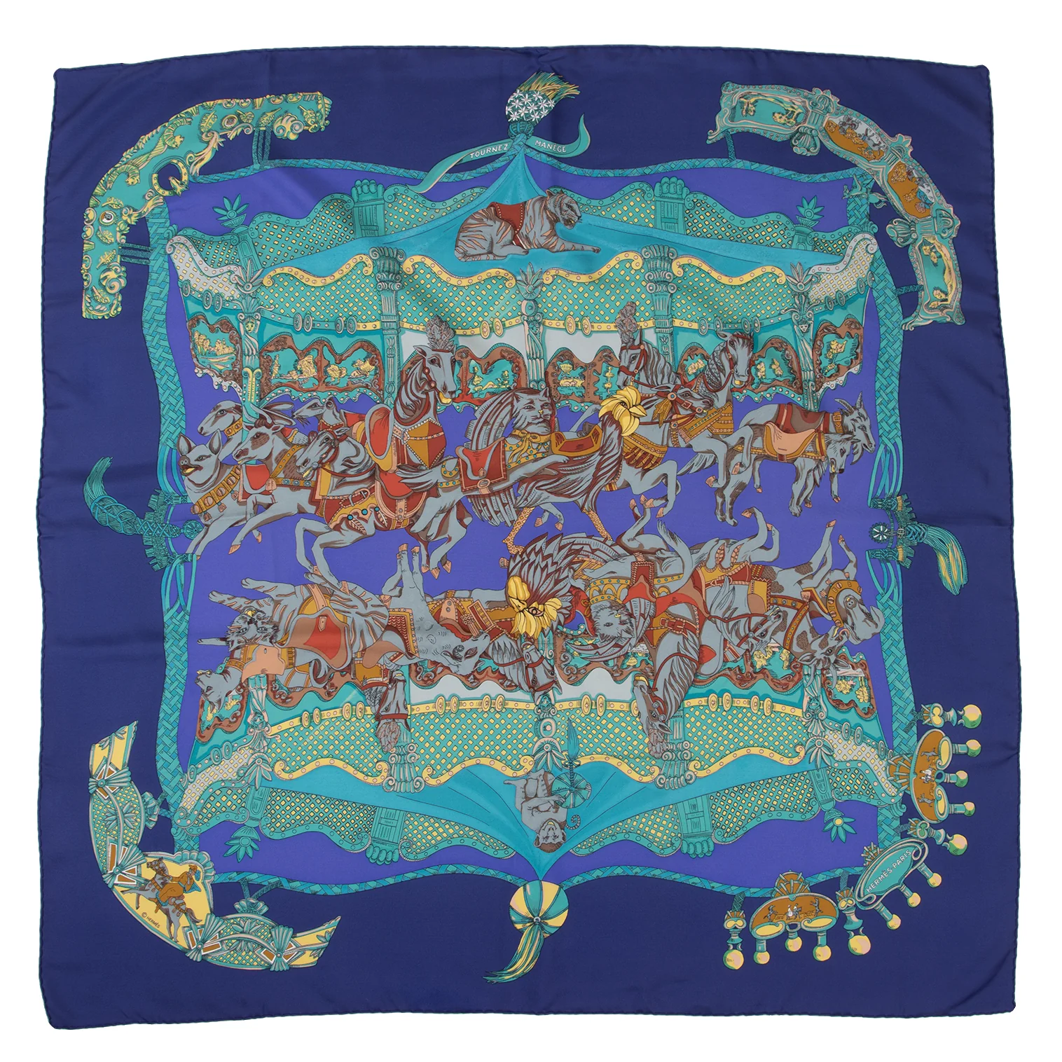 HERMES Carres 90 TOURNEZ MANEGE Merry-go-round Scarf Blue (K-148086)