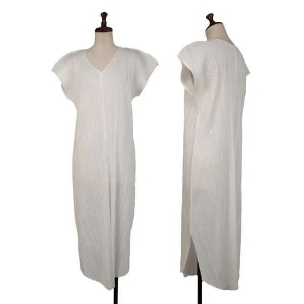 プリーツプリーズPLEATS PLEASE Vネックプリーツワンピース 白3 (K-149088)