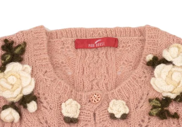 ピンクハウスPINK HOUSE 薔薇コサージュケーブルニットカーディガン