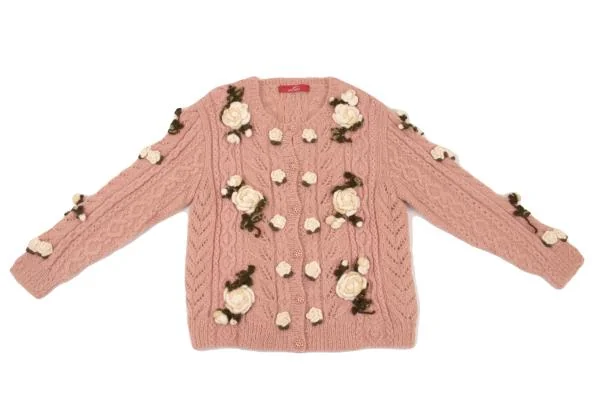 ピンクハウスPINK HOUSE 薔薇コサージュケーブルニットカーディガン