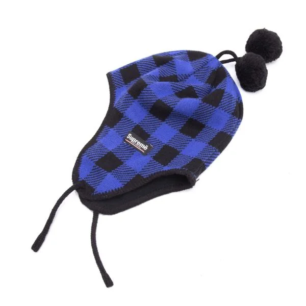 シュプリームSUPREME ポンポン付きチェックニットキャップ 黒青 (K-152405)